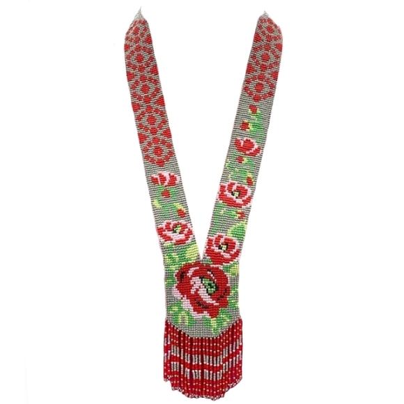 Red Rose Flowers Seed Beaded Necklace Native American Grey Floral L - Picture 11 of 11